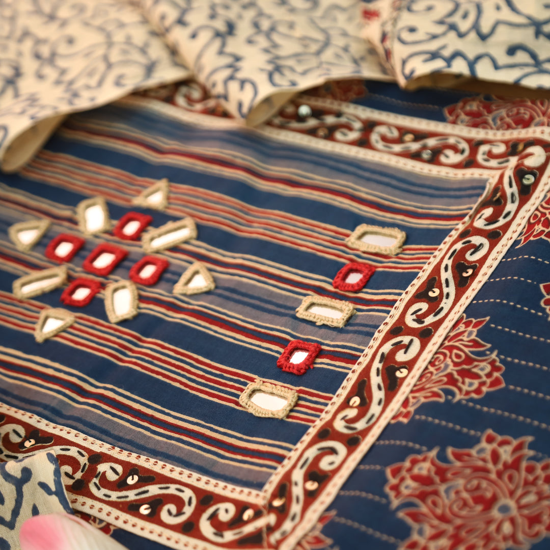 Seyri Blue Kutch Patch with Mirror Work Ajrakh Print Cotton Set