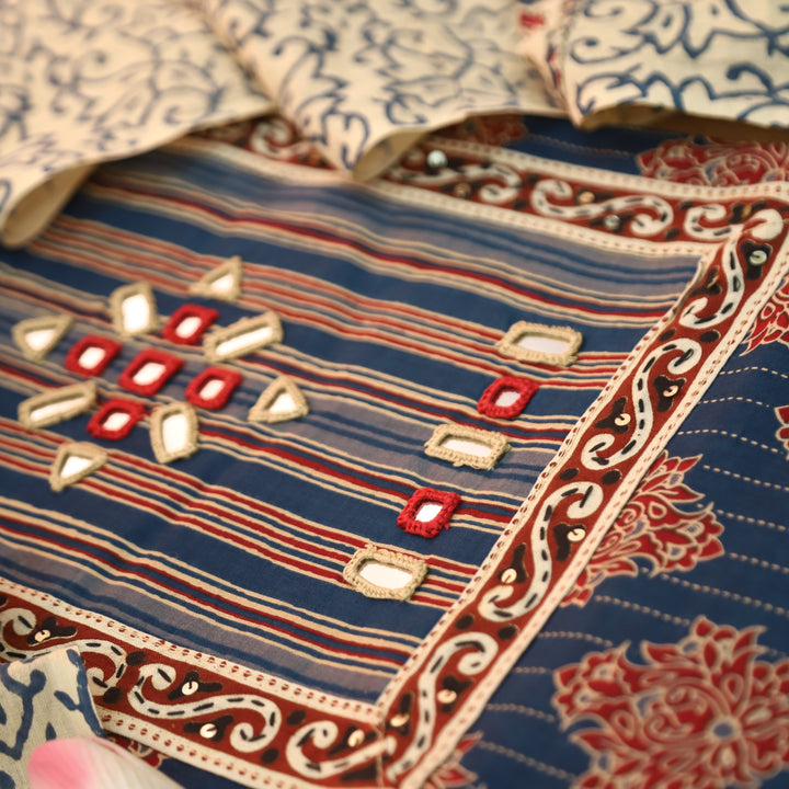 Seyri Blue Kutch Patch with Mirror Work Ajrakh Print Cotton Set