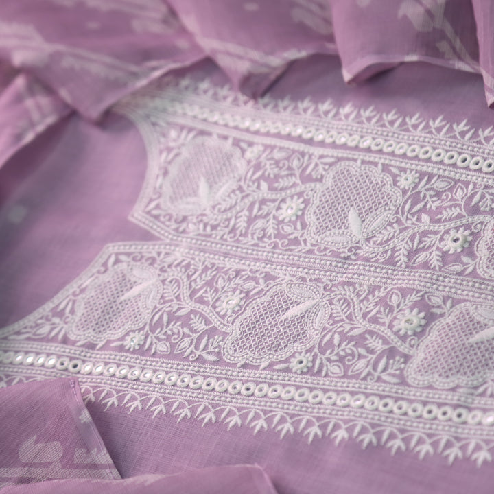 Nigahen Tulip Lavender Thread Embroidered Neck Work Cotton Linen Suit Set