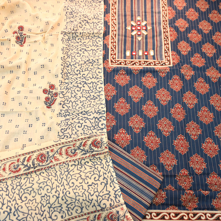 Seyri Blue Kutch Patch with Mirror Work Ajrakh Print Cotton Set