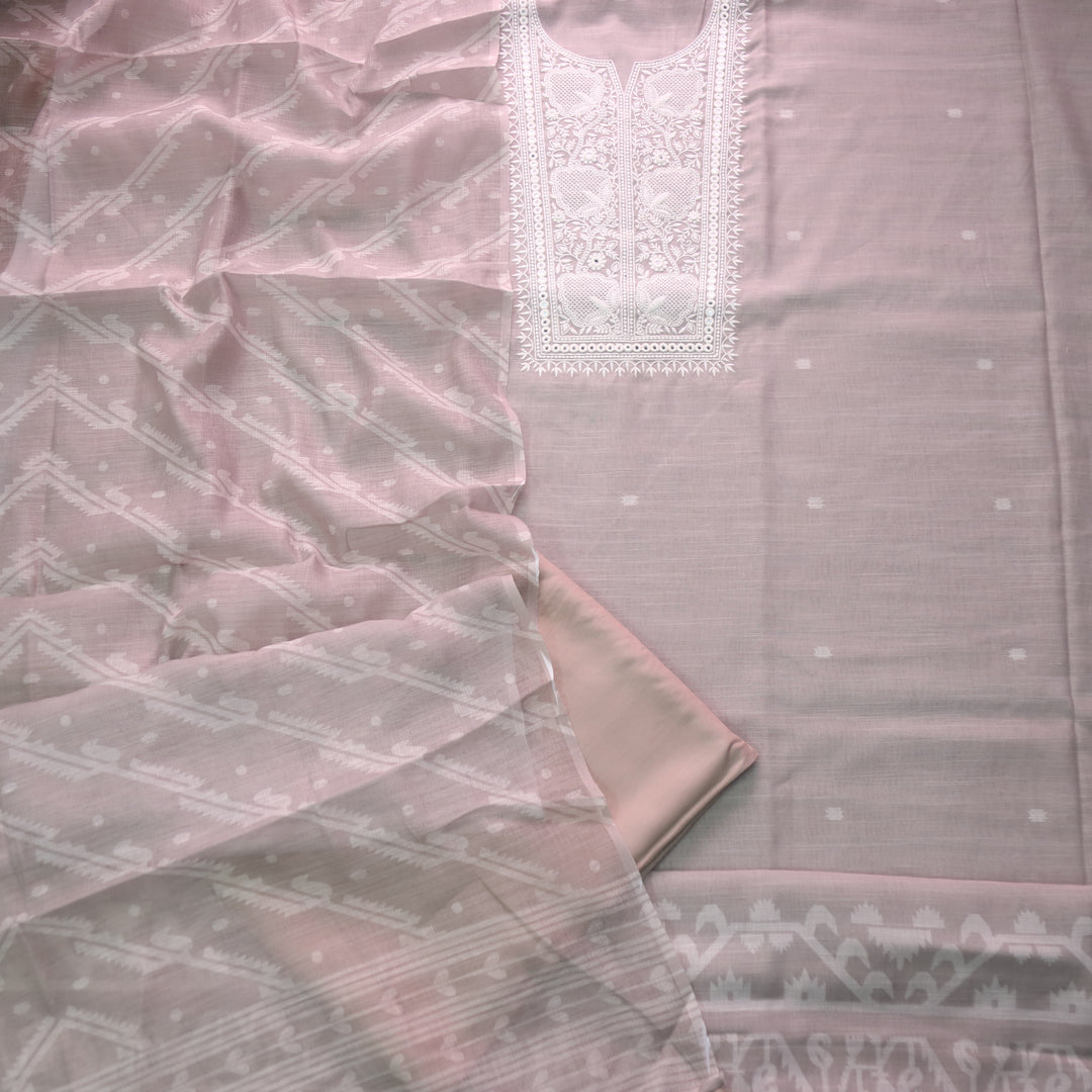 Nigahen Hazel Taupe Thread Embroidered Neck Work Cotton Linen Suit Set