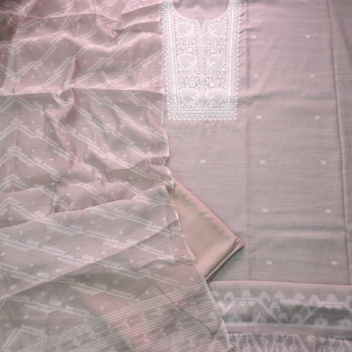 Nigahen Hazel Taupe Thread Embroidered Neck Work Cotton Linen Suit Set