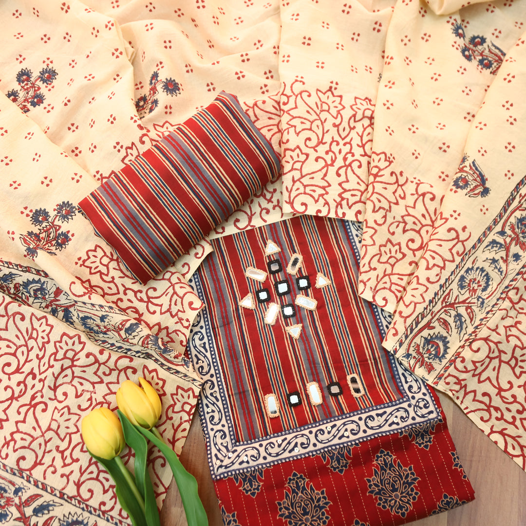 Seyri Berry Red Kutch Patch with Mirror Work Ajrakh Print Cotton Set