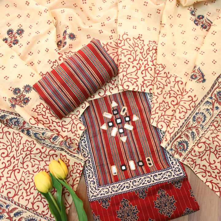 Seyri Berry Red Kutch Patch with Mirror Work Ajrakh Print Cotton Set