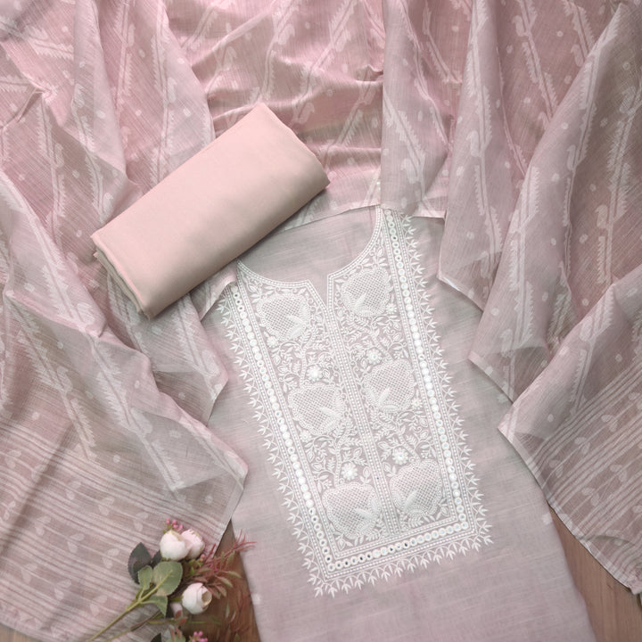 Nigahen Hazel Taupe Thread Embroidered Neck Work Cotton Linen Suit Set