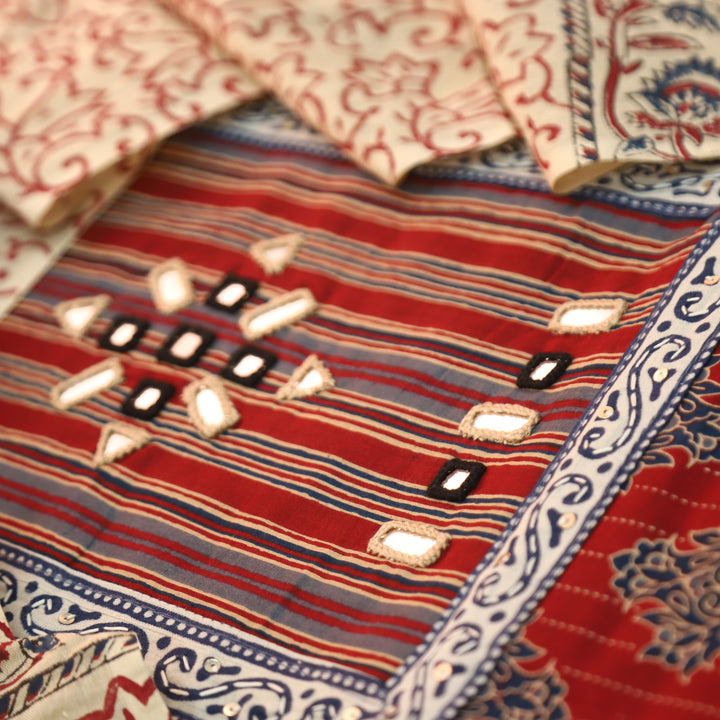 Seyri Berry Red Kutch Patch with Mirror Work Ajrakh Print Cotton Set