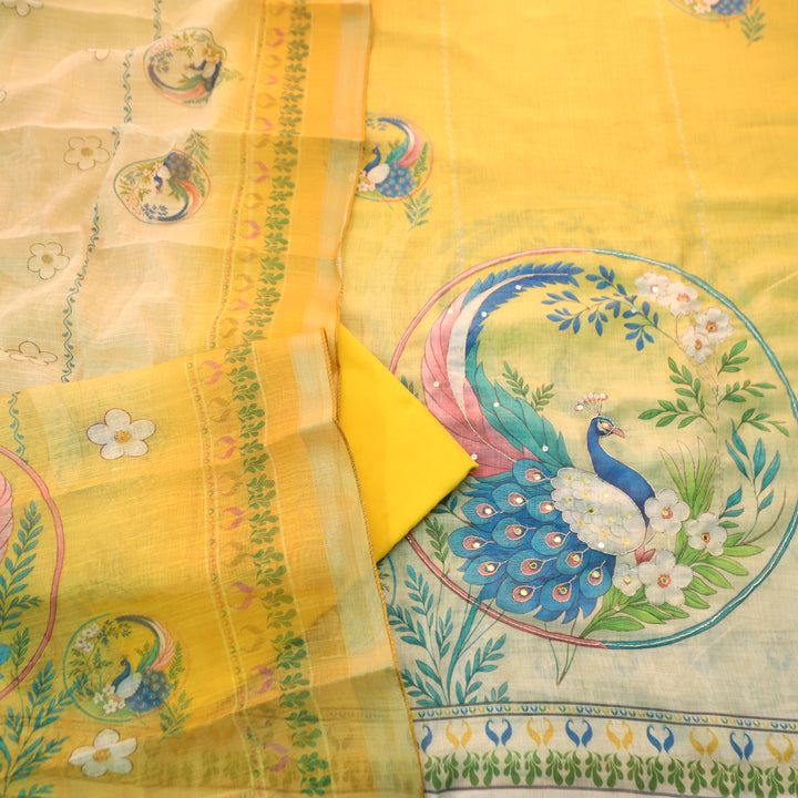 Bareli Bright Yellow Patra with Spiral Style Zari Work Peacock Print Cotton Linen Set