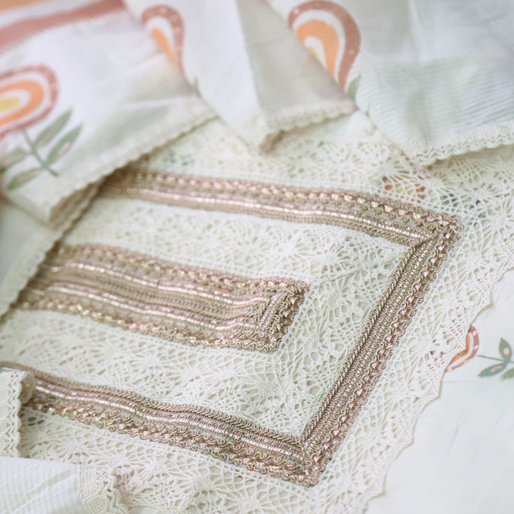 Lahori Cream White Lace Work Printed Pakistani Inspired Cotton Suit Set D5