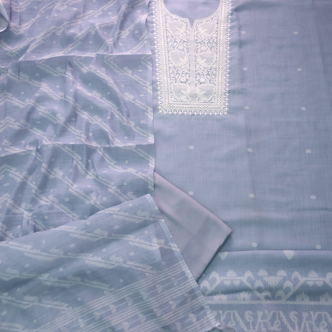 Nigahen Grayish Blue Thread Embroidered Neck Work Cotton Linen Suit Set