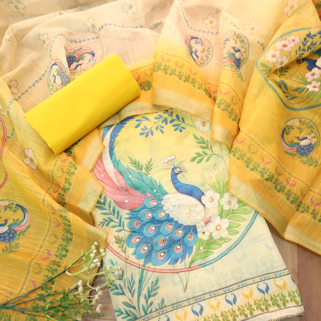 Bareli Bright Yellow Patra with Spiral Style Zari Work Peacock Print Cotton Linen Set