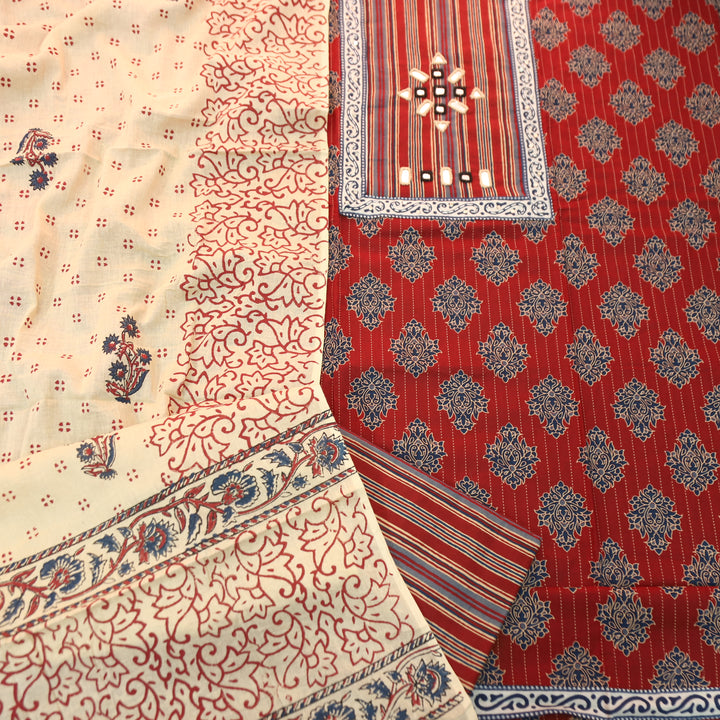 Seyri Berry Red Kutch Patch with Mirror Work Ajrakh Print Cotton Set