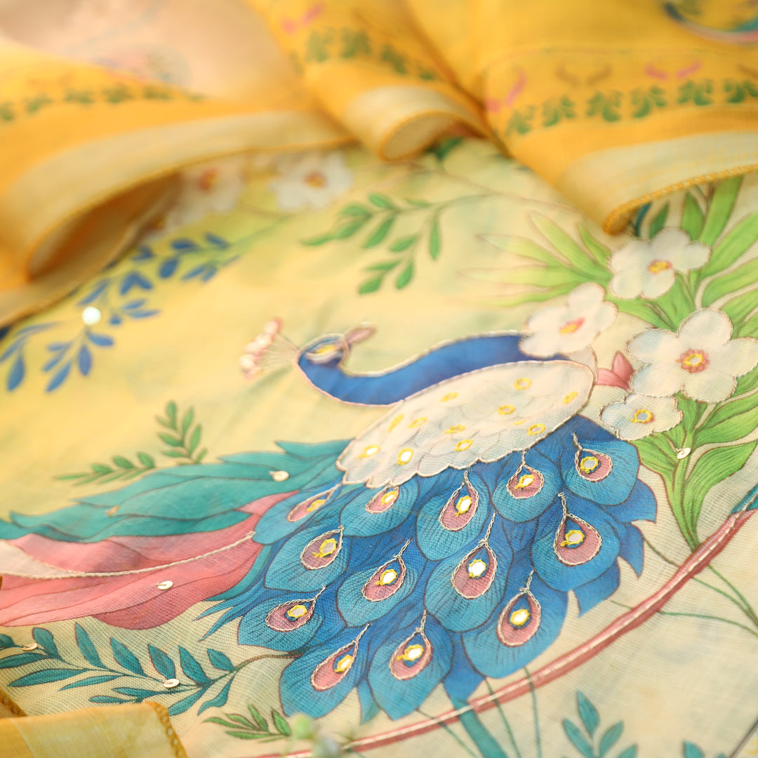 Bareli Bright Yellow Patra with Spiral Style Zari Work Peacock Print Cotton Linen Set