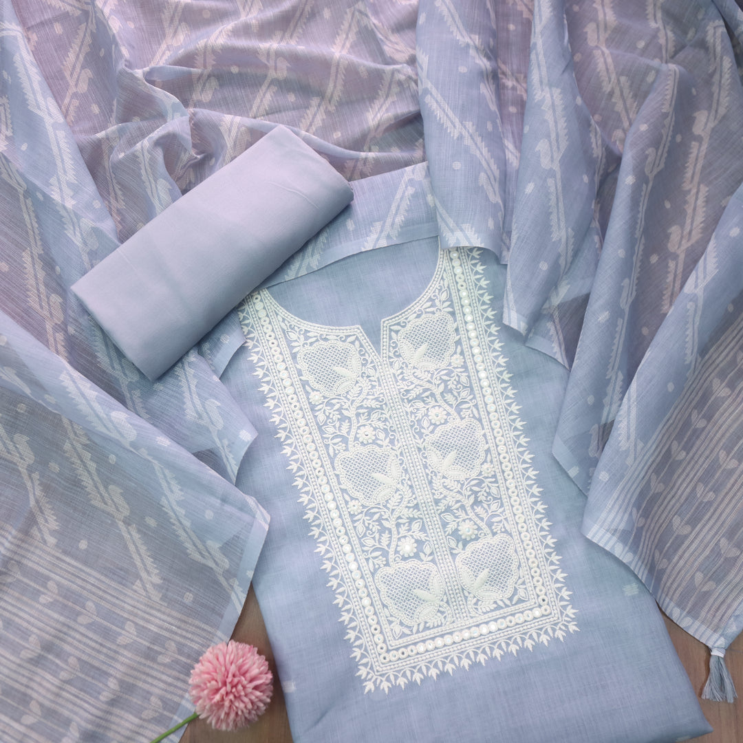 Nigahen Grayish Blue Thread Embroidered Neck Work Cotton Linen Suit Set