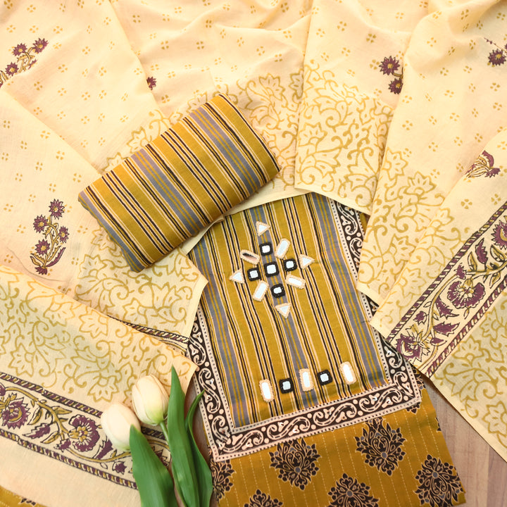 Seyri Yellow Kutch Patch with Mirror Work Ajrakh Print Cotton Set