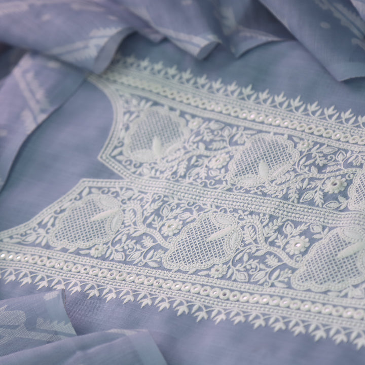 Nigahen Grayish Blue Thread Embroidered Neck Work Cotton Linen Suit Set