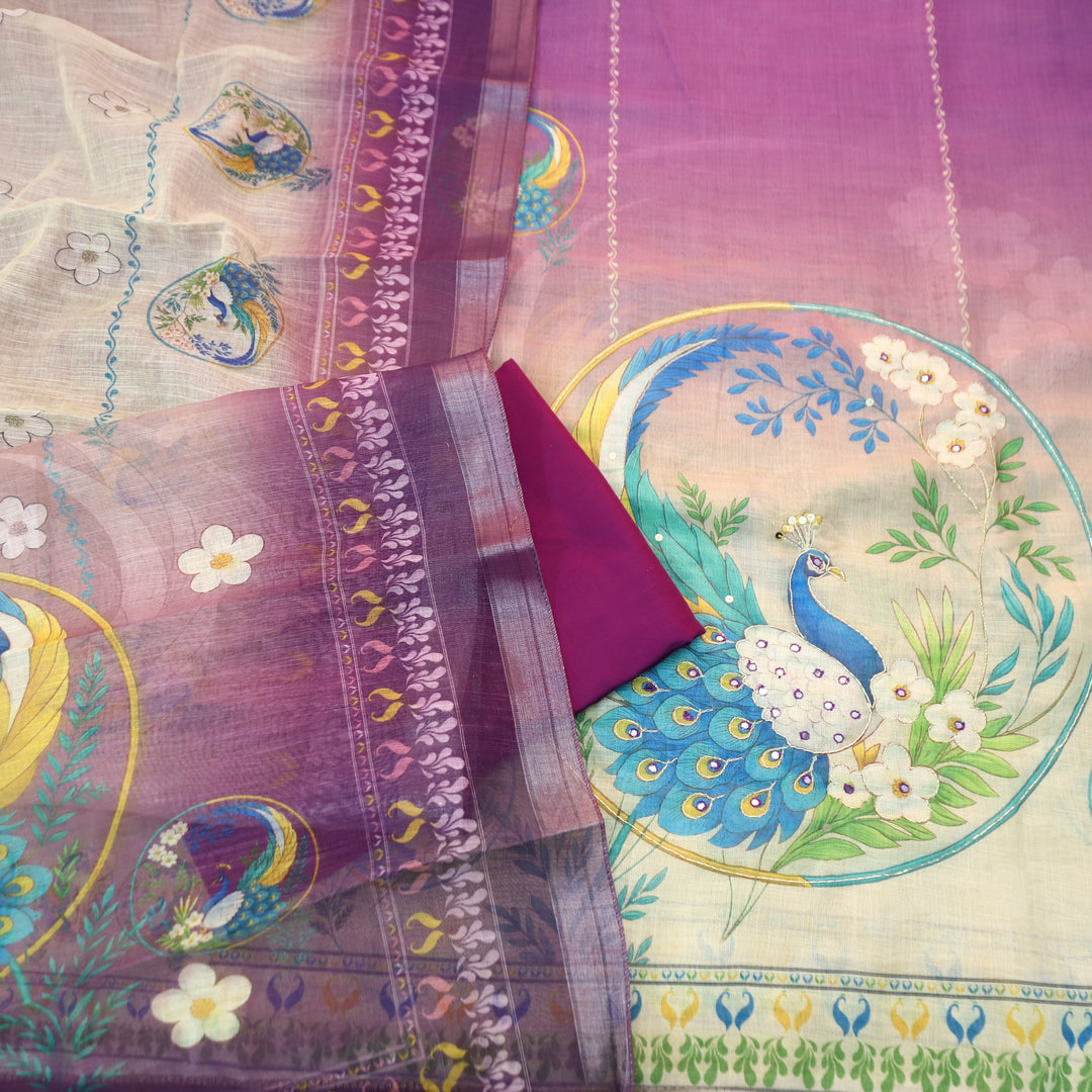 Bareli Violet Purple Patra with Spiral Style Zari Work Peacock Print Cotton Linen Set
