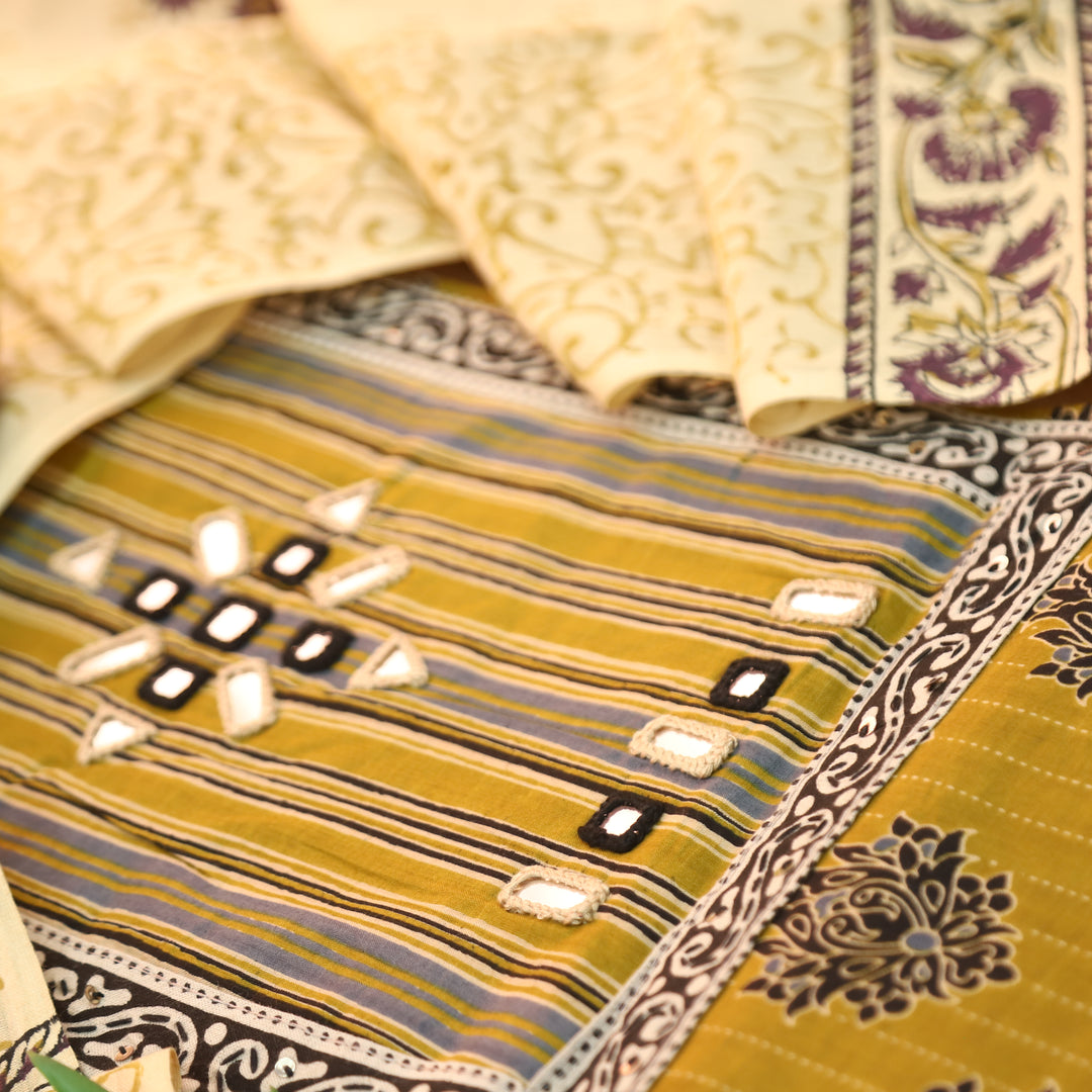 Seyri Yellow Kutch Patch with Mirror Work Ajrakh Print Cotton Set