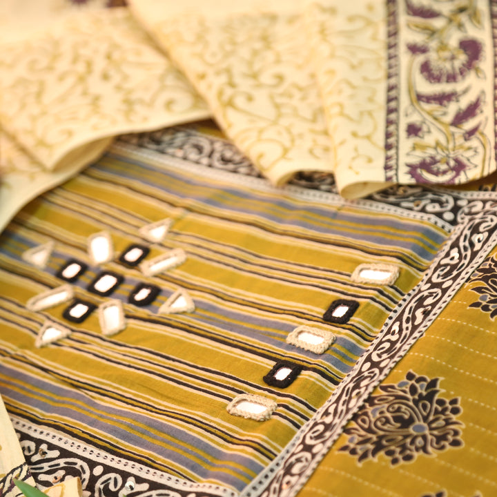 Seyri Yellow Kutch Patch with Mirror Work Ajrakh Print Cotton Set