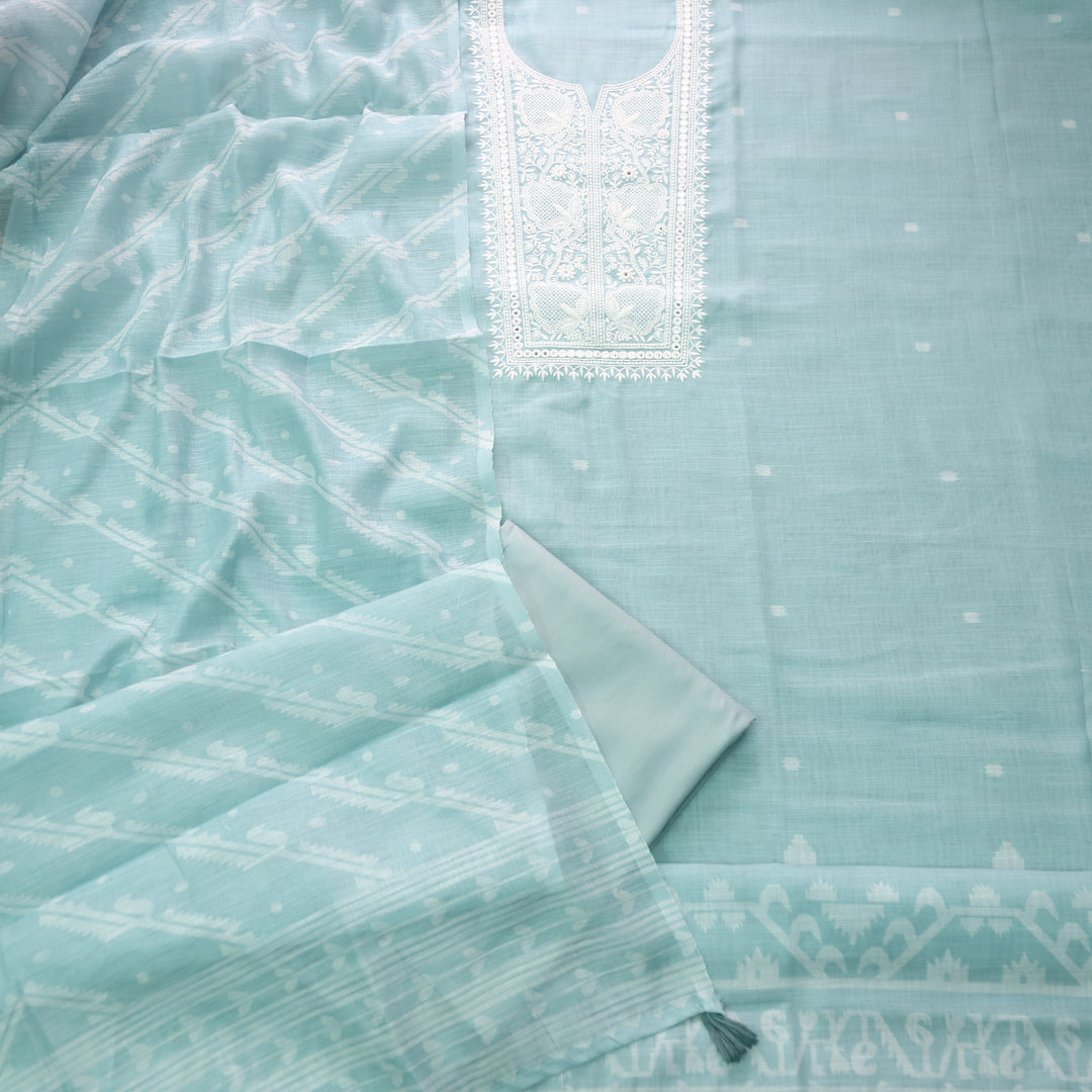 Nigahen Sage Mint Green Thread Embroidered Neck Work Cotton Linen Suit Set