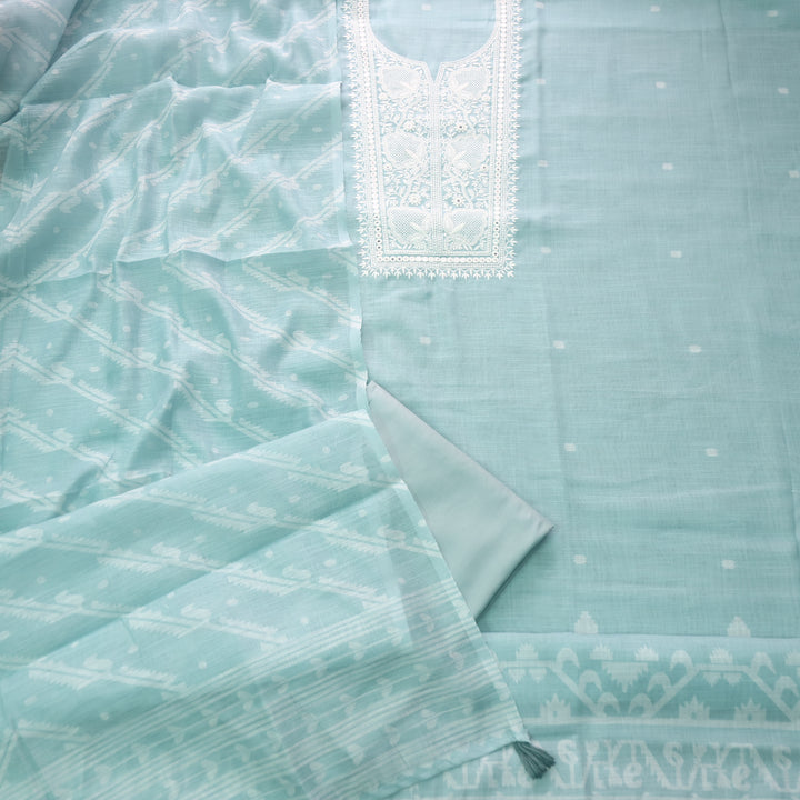 Nigahen Sage Mint Green Thread Embroidered Neck Work Cotton Linen Suit Set