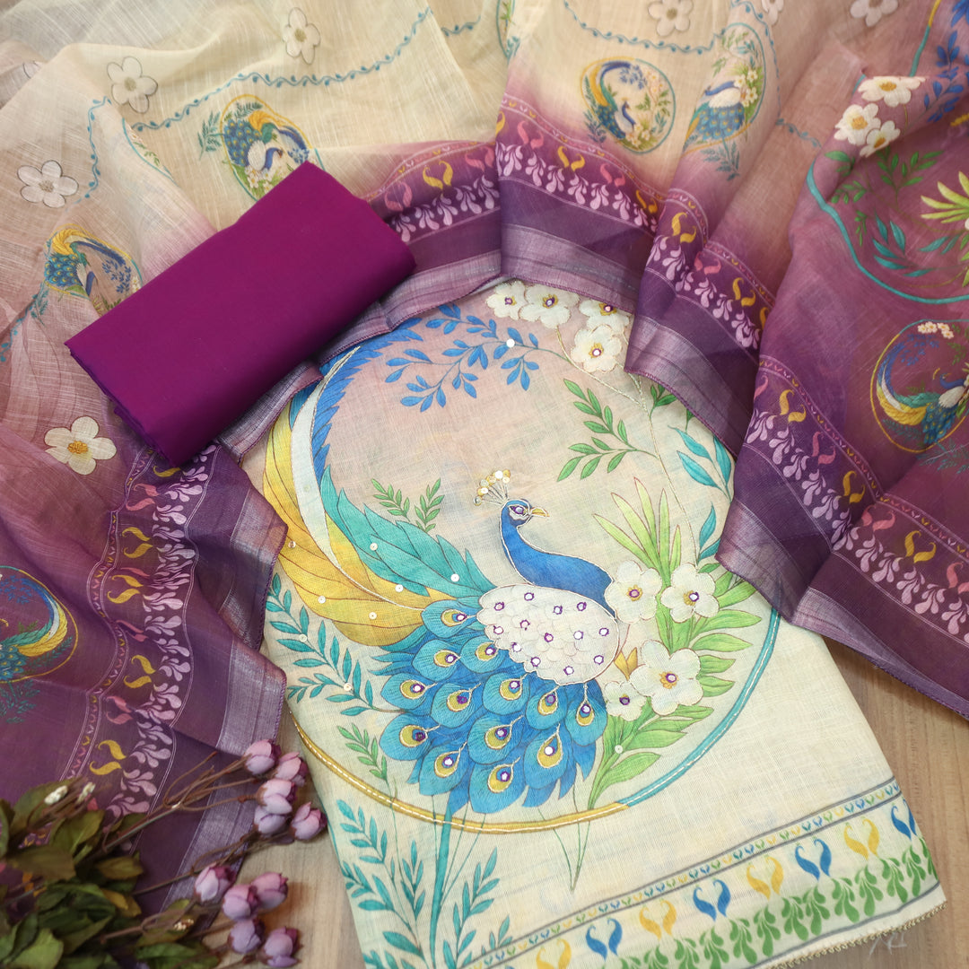 Bareli Violet Purple Patra with Spiral Style Zari Work Peacock Print Cotton Linen Set
