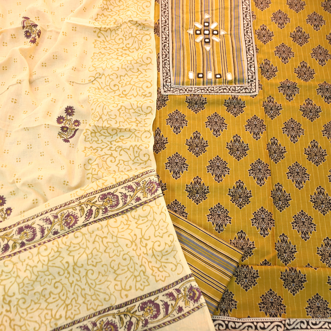 Seyri Yellow Kutch Patch with Mirror Work Ajrakh Print Cotton Set