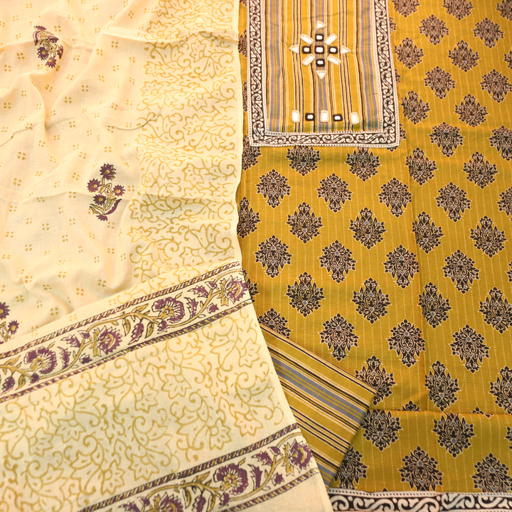 Seyri Yellow Kutch Patch with Mirror Work Ajrakh Print Cotton Set