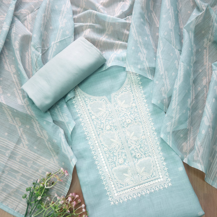 Nigahen Sage Mint Green Thread Embroidered Neck Work Cotton Linen Suit Set