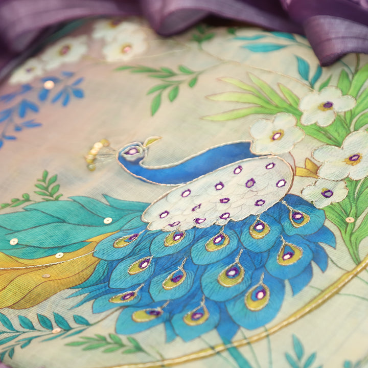 Bareli Violet Purple Patra with Spiral Style Zari Work Peacock Print Cotton Linen Set