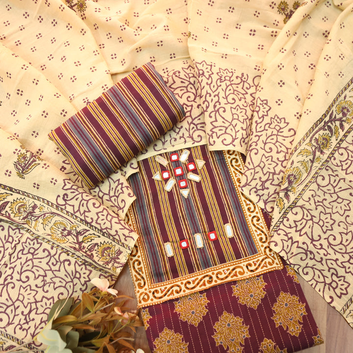 Seyri Wine Kutch Patch with Mirror Work Ajrakh Print Cotton Set