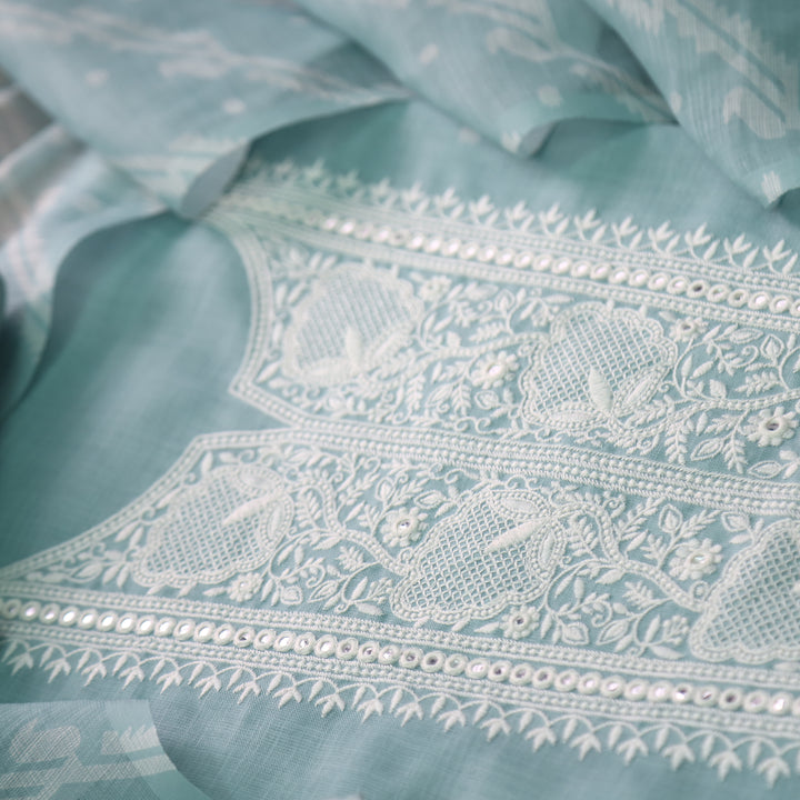 Nigahen Sage Mint Green Thread Embroidered Neck Work Cotton Linen Suit Set