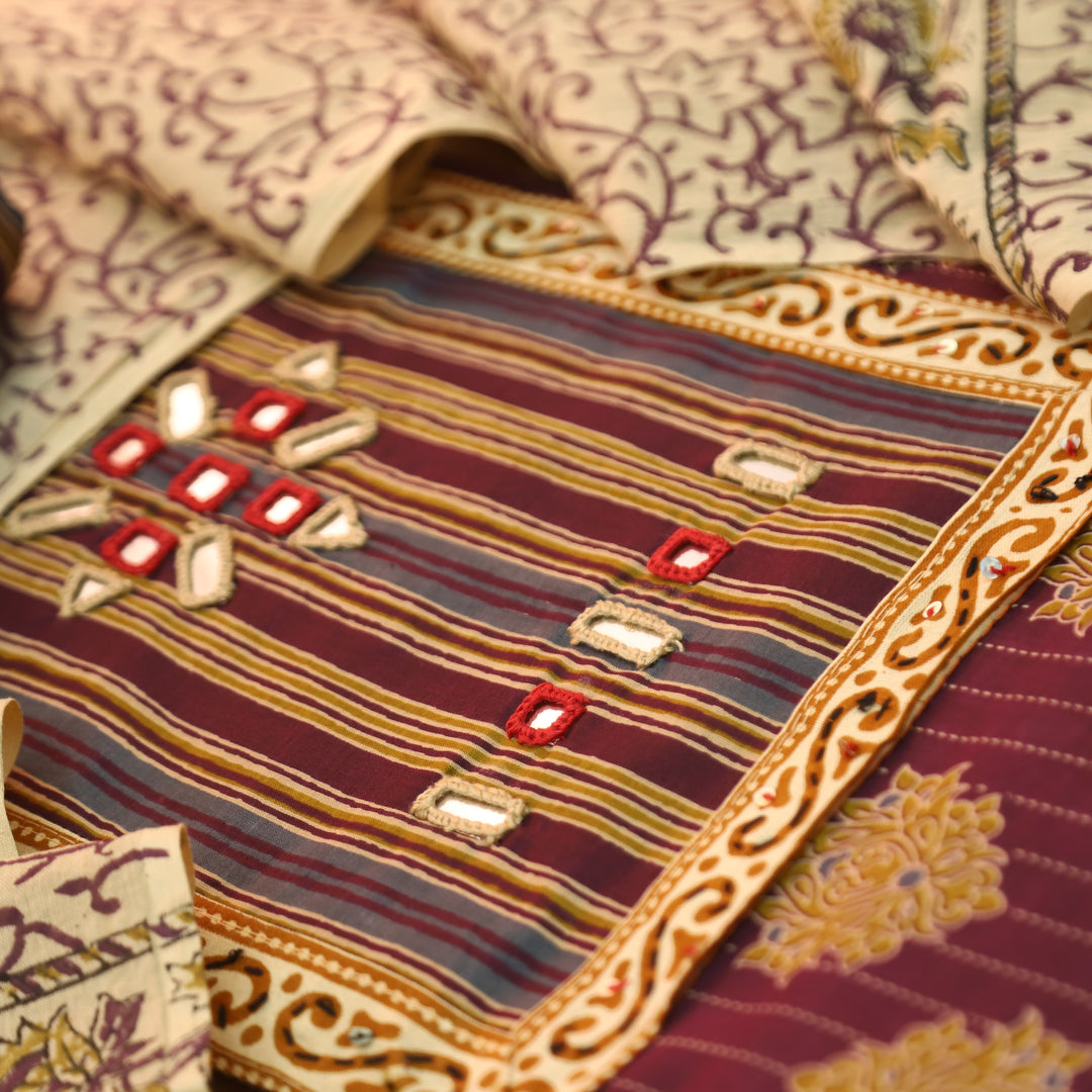 Seyri Wine Kutch Patch with Mirror Work Ajrakh Print Cotton Set