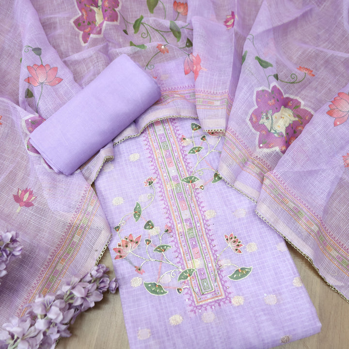 Satkara Lilly Lavender Zari with French Knot Work Pichwai Printed Kota Doriya Set