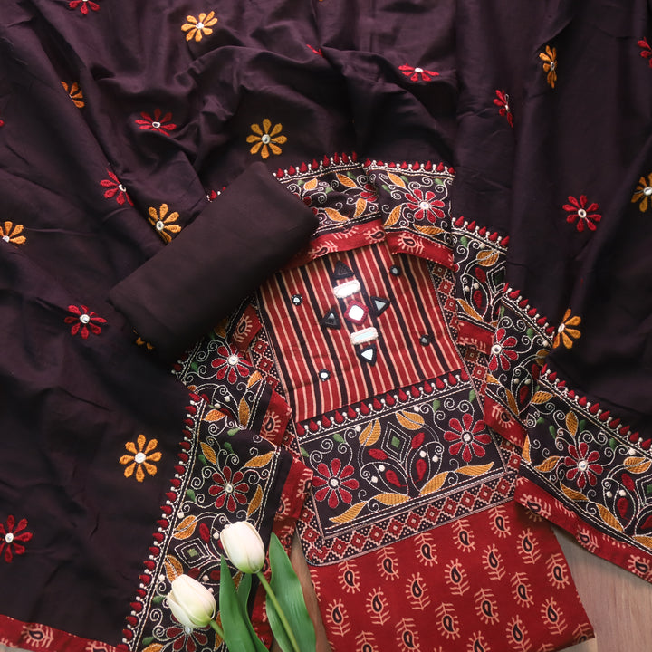 Dashtaan Berry Red Kutch Patch with Mirror Work Ajrak Printed Cotton Suit Set
