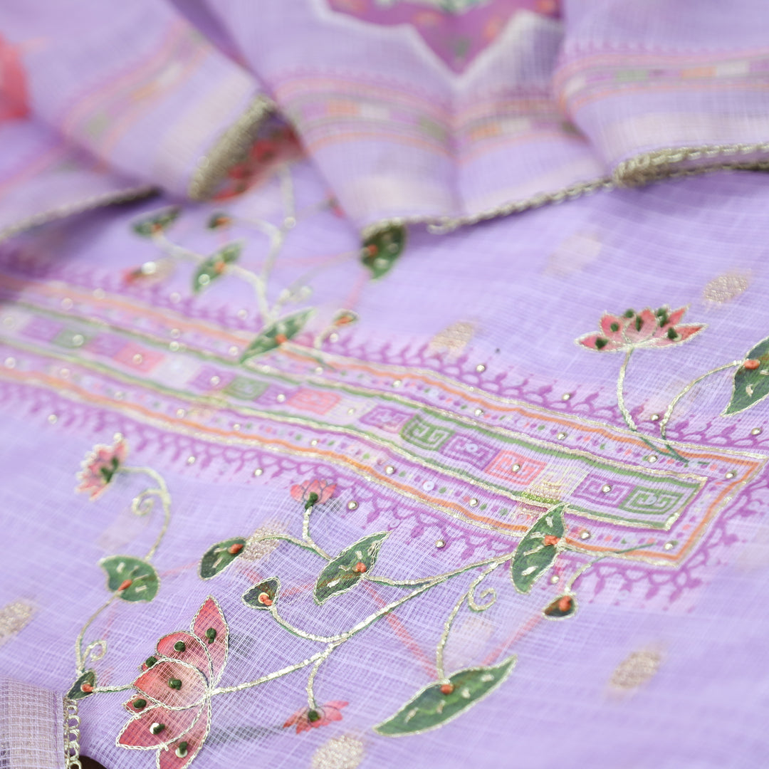 Satkara Lilly Lavender Zari with French Knot Work Pichwai Printed Kota Doriya Set