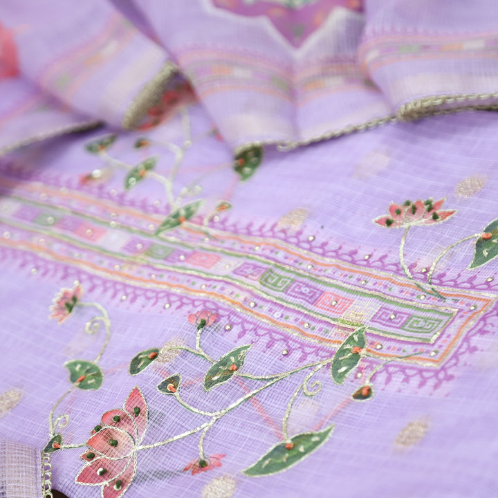 Satkara Lilly Lavender Zari with French Knot Work Pichwai Printed Kota Doriya Set