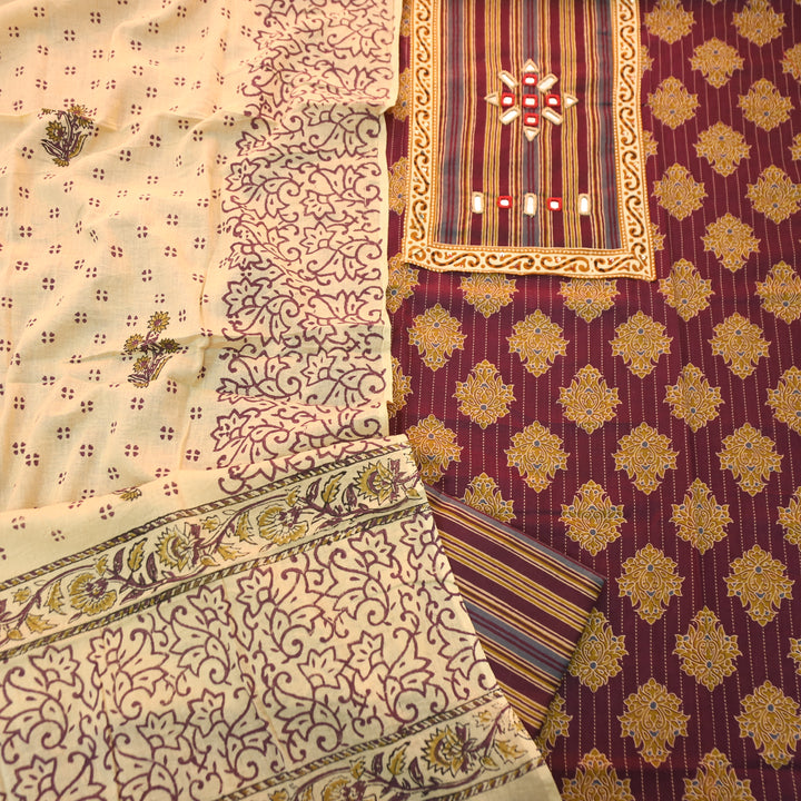 Seyri Wine Kutch Patch with Mirror Work Ajrakh Print Cotton Set