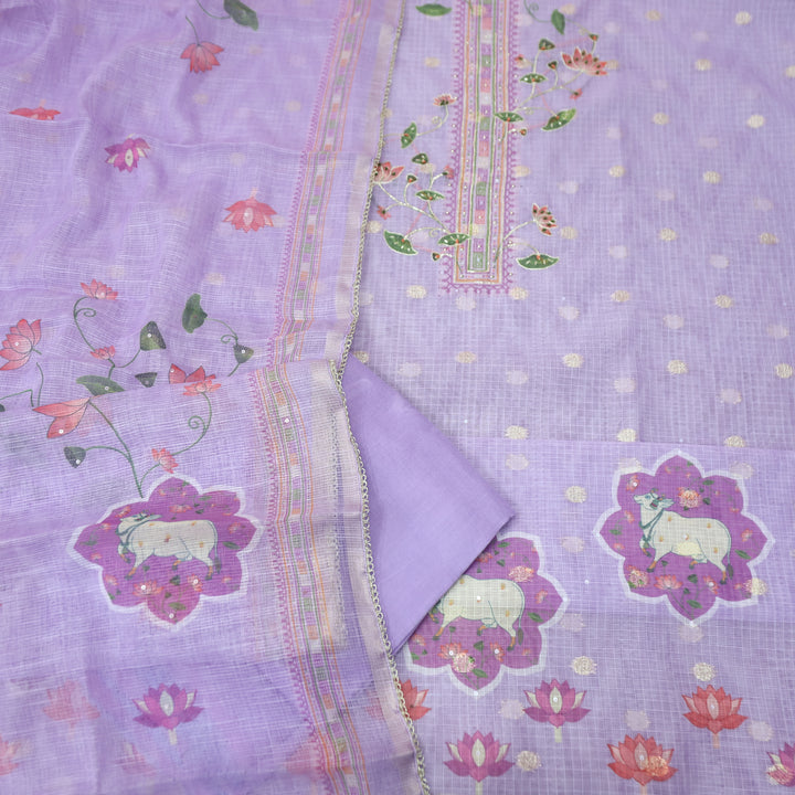Satkara Lilly Lavender Zari with French Knot Work Pichwai Printed Kota Doriya Set