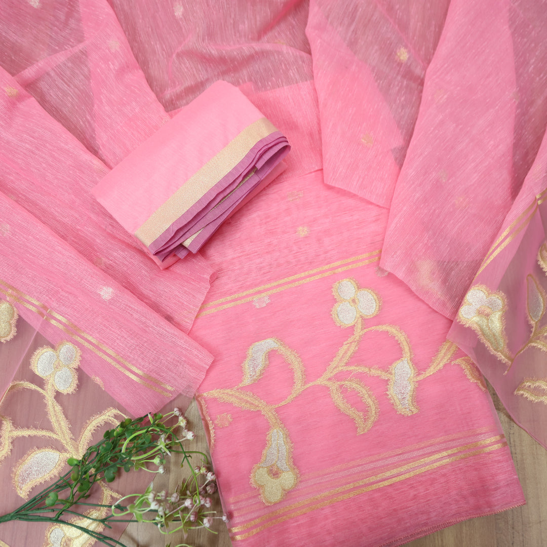 Eyana Candy Pink Zari Detailing Tussar Cotton Chanderi Set