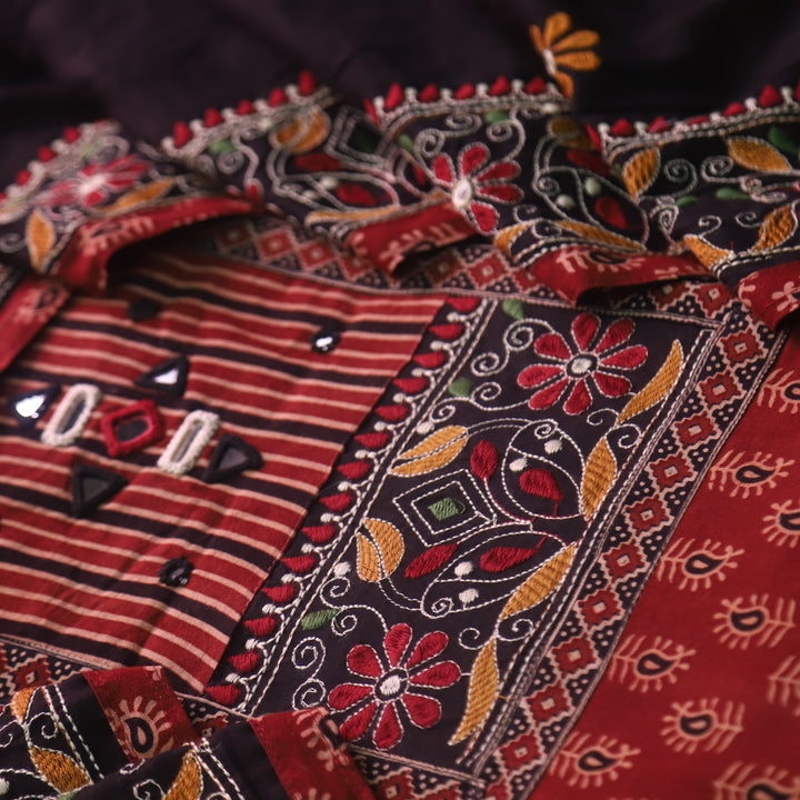 Dashtaan Berry Red Kutch Patch with Mirror Work Ajrak Printed Cotton Suit Set