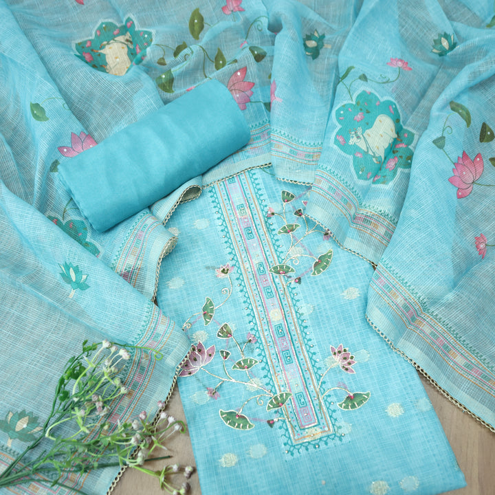 Satkara Powder Oecan Blue Zari with French Knot Work Pichwai Printed Kota Doriya Set