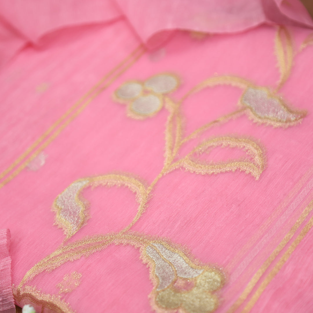 Eyana Candy Pink Zari Detailing Tussar Cotton Chanderi Set
