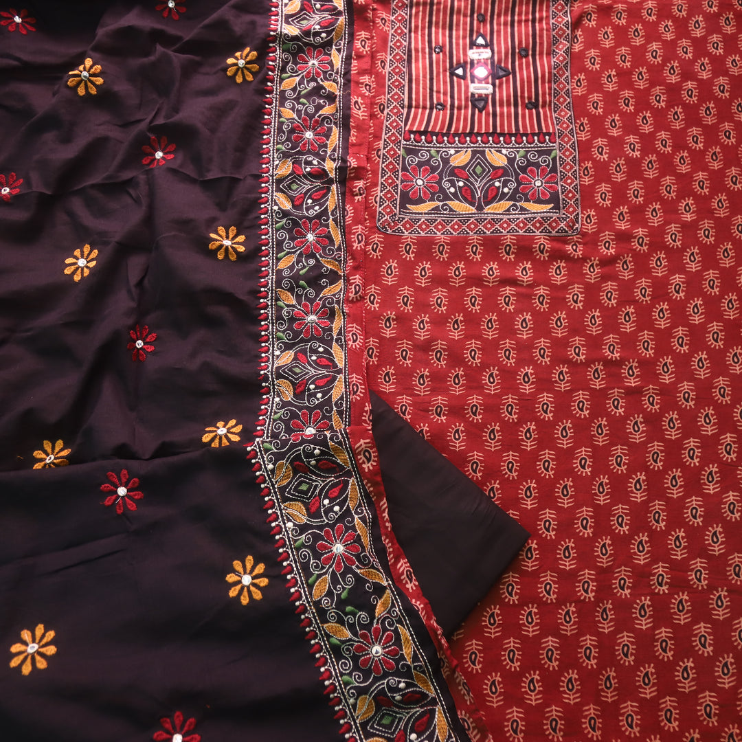 Dashtaan Berry Red Kutch Patch with Mirror Work Ajrak Printed Cotton Suit Set