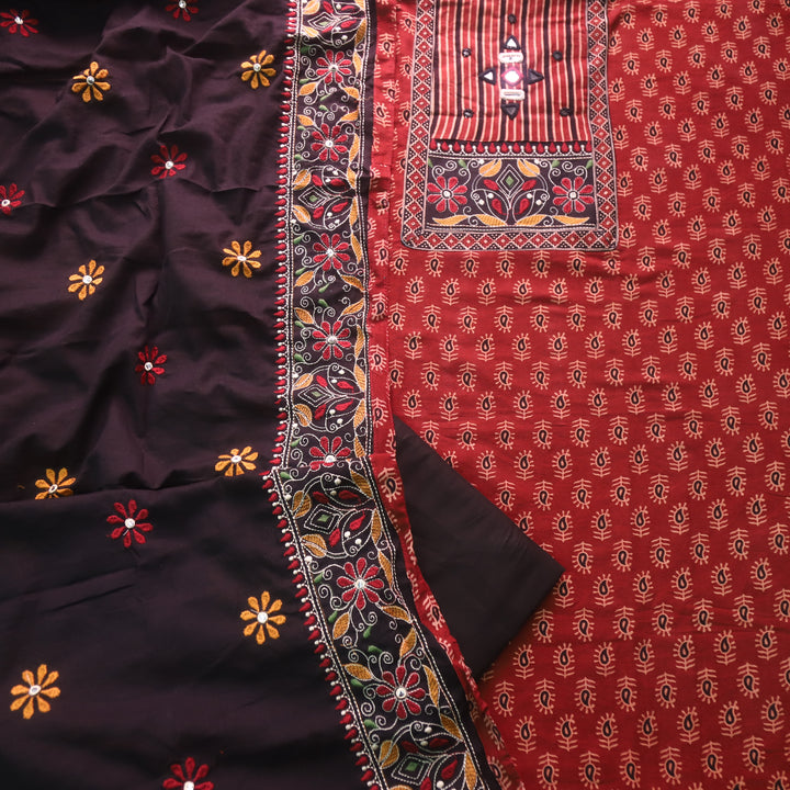 Dashtaan Berry Red Kutch Patch with Mirror Work Ajrak Printed Cotton Suit Set