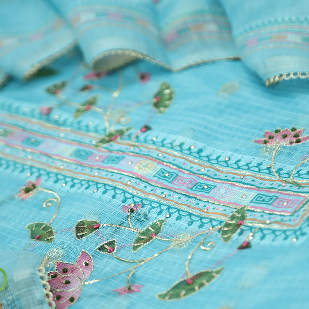 Satkara Powder Oecan Blue Zari with French Knot Work Pichwai Printed Kota Doriya Set