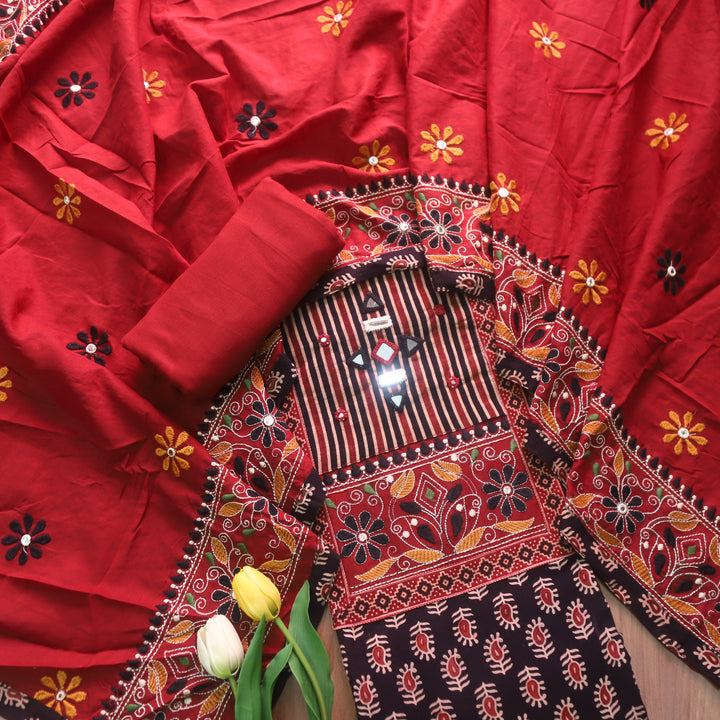 Dashtaan Ebony Black Kutch Patch with Mirror Work Ajrak Printed Cotton Suit Set