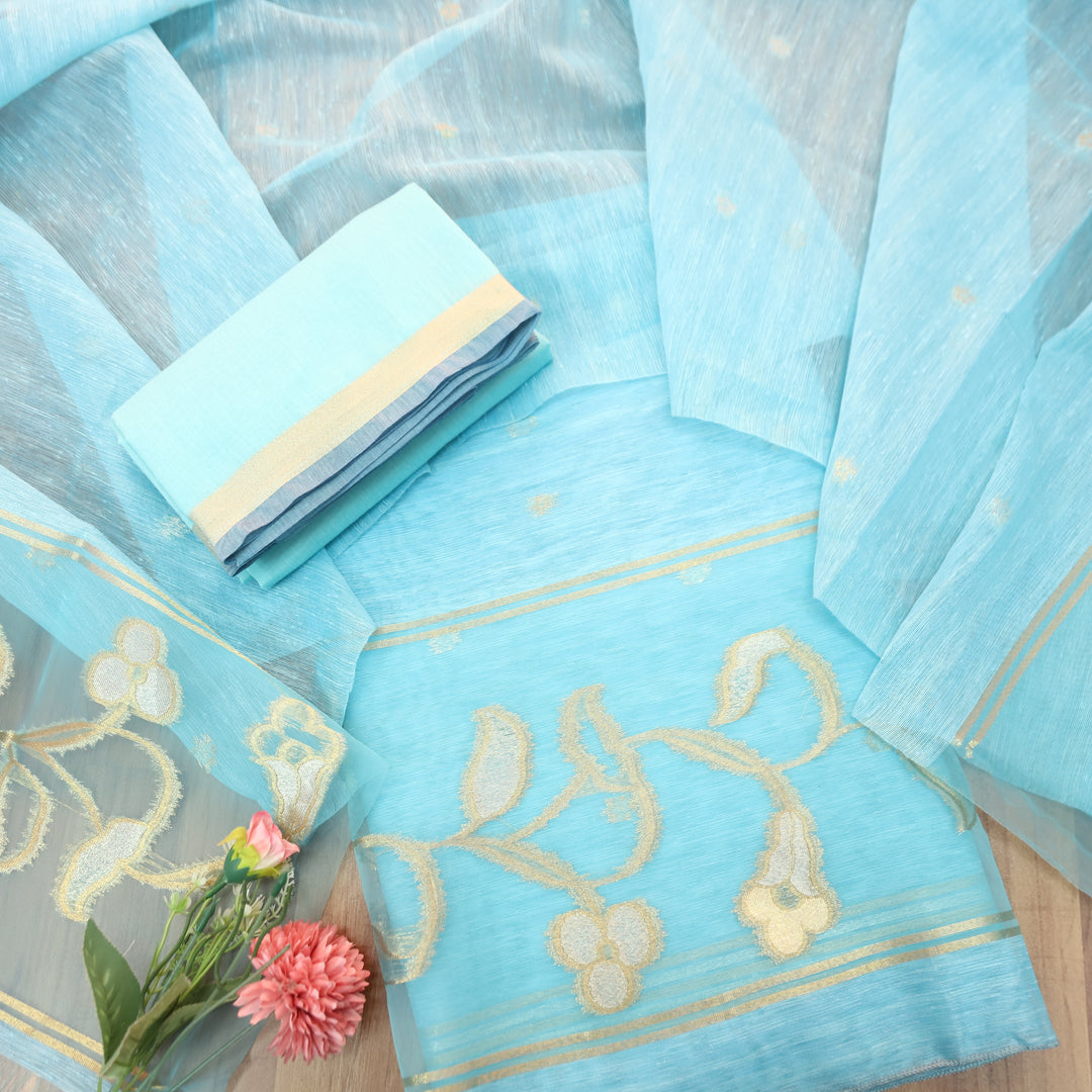 Eyana Ice Blue Zari Detailing Tussar Cotton Chanderi Set