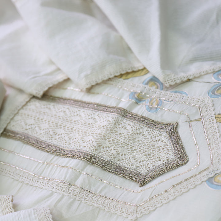 Lahori Cream White Lace Work Printed Pakistani Inspired Cotton Suit Set D2