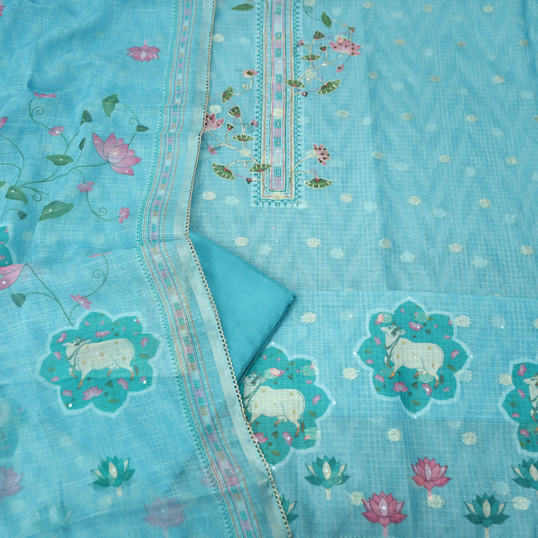 Satkara Powder Oecan Blue Zari with French Knot Work Pichwai Printed Kota Doriya Set
