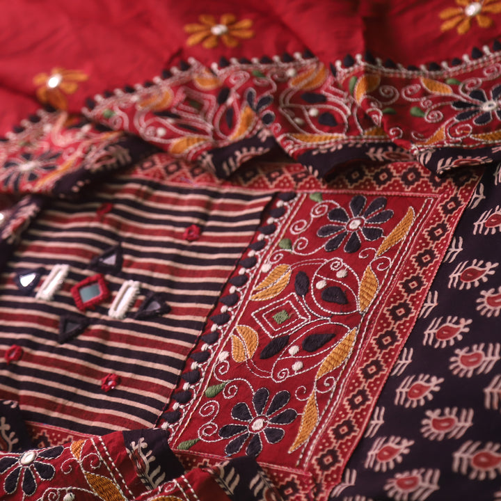 Dashtaan Ebony Black Kutch Patch with Mirror Work Ajrak Printed Cotton Suit Set